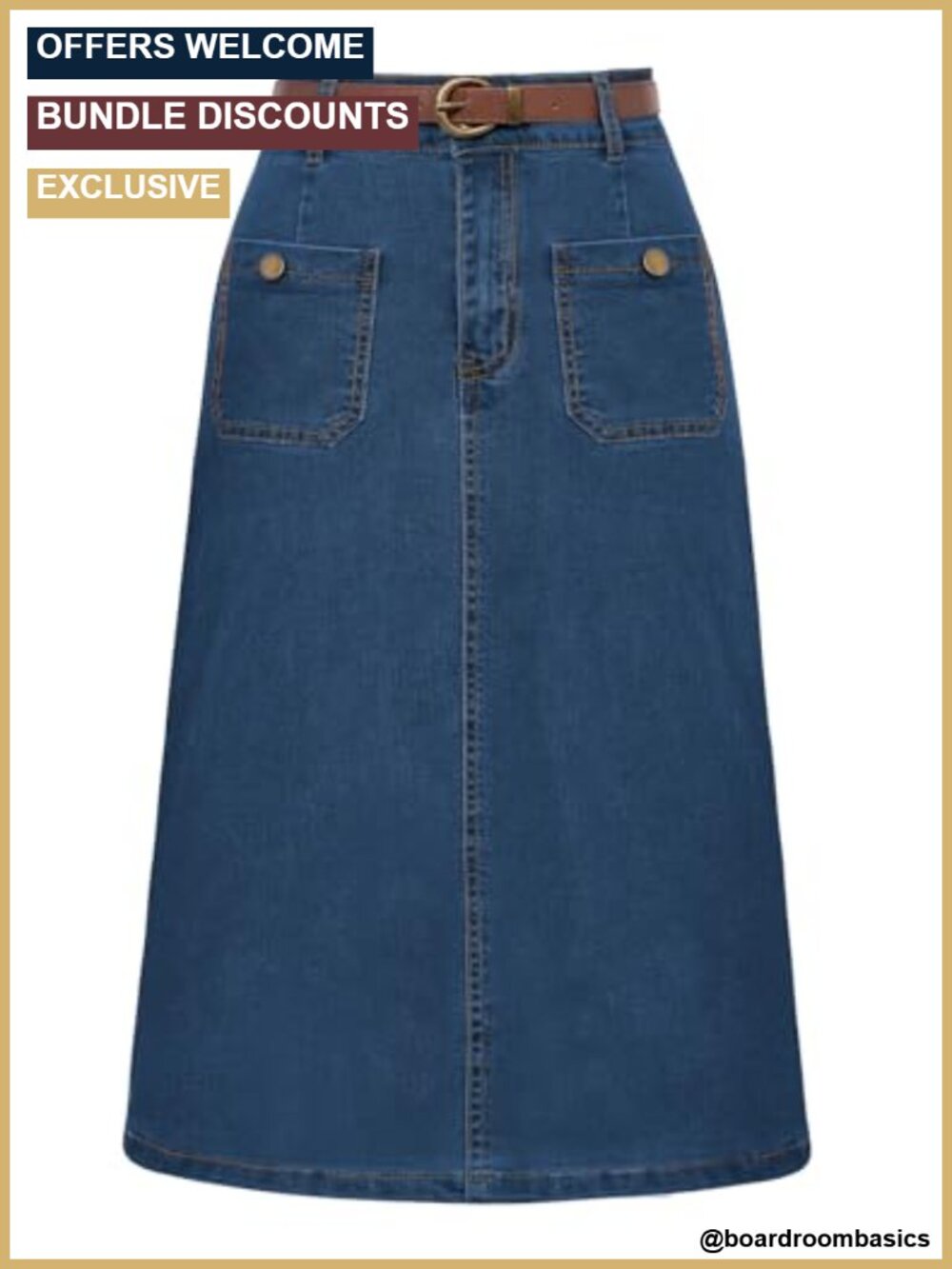 High Rise Denim Skirt with Belt Below Knee Slit Pencil Skirt